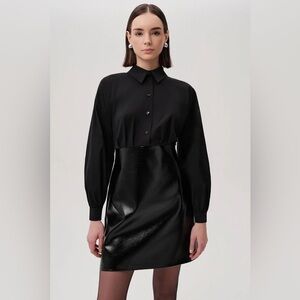 Exquise Fiori Black Faux Leather Mini Shirt Dress | NWOT